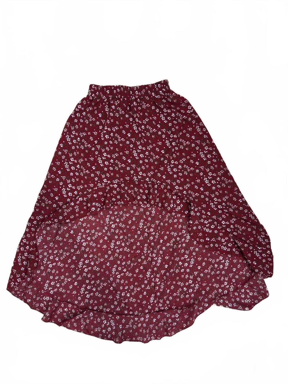SHEIN Red Floral Print High-Low Ruffle Hem Midi Skirt Womens Size L US 8 10